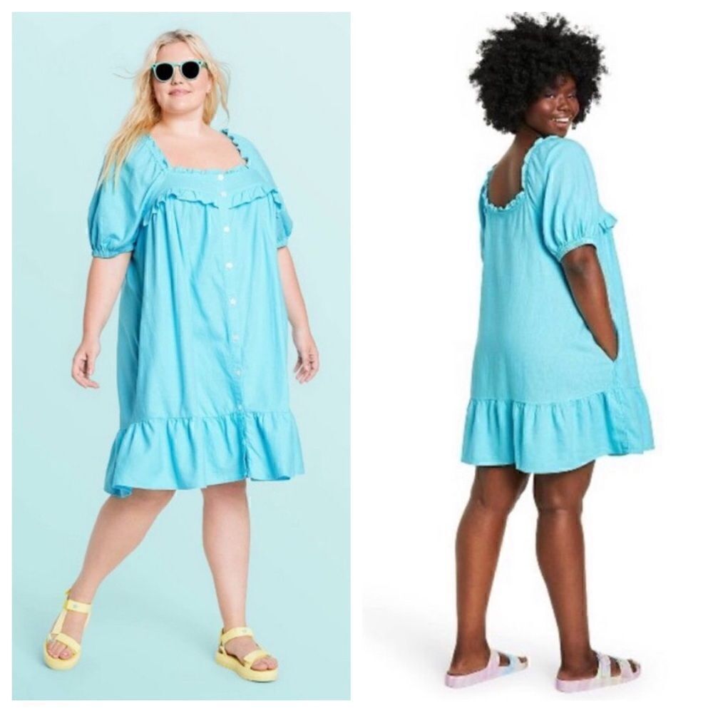 STONEY CLOVER LANE Blue Linen Ruffle Button Down Shirt Dress Size 1X